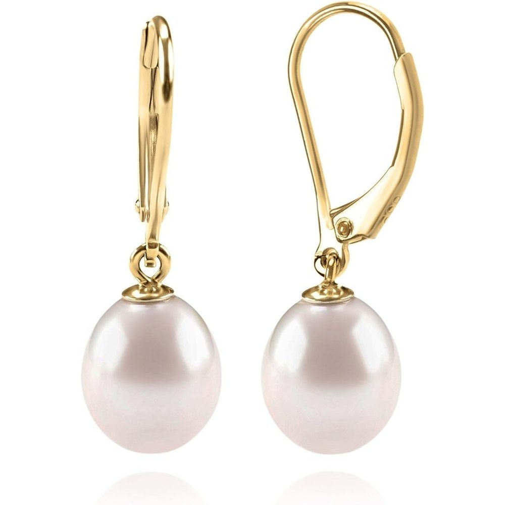 Girls Yellow Gold Handpicked Leverback Dangle Stud Pearl Earrings